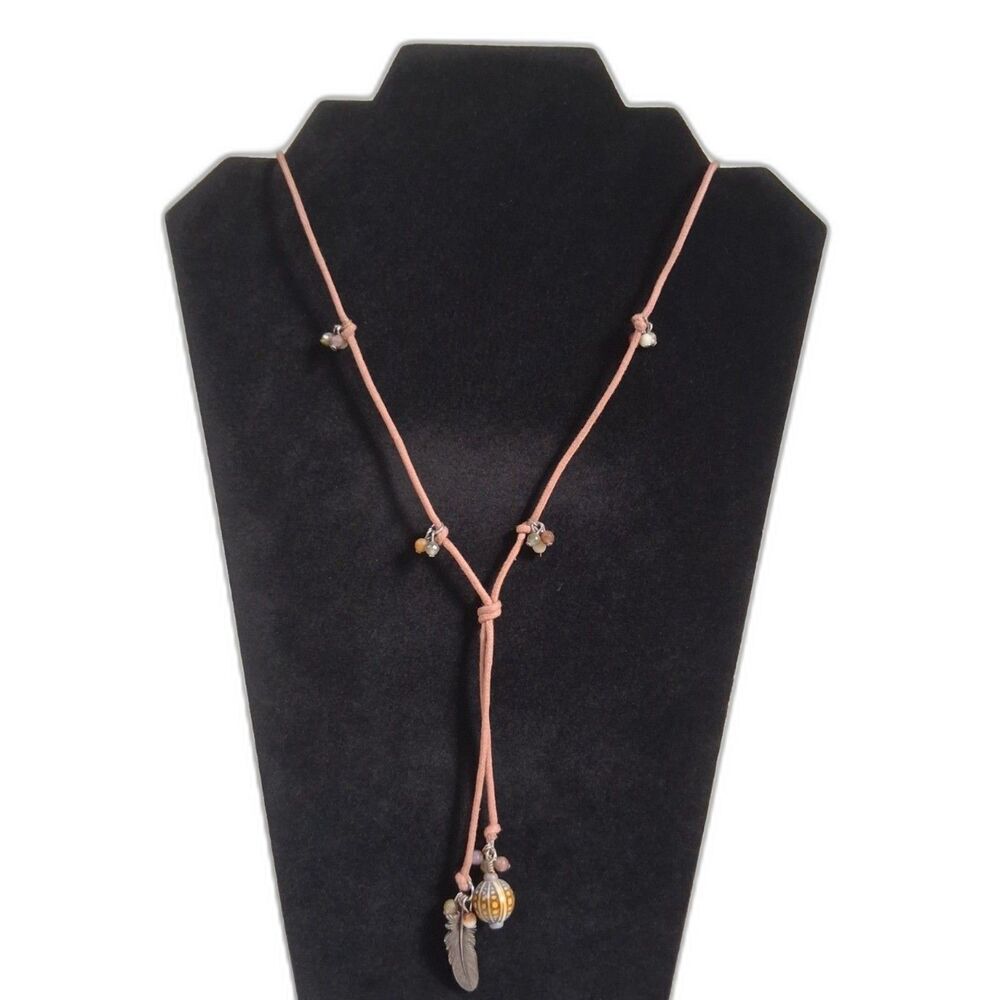 Brown and Silver Toned Beaded Cord Chain Lariat Feather Pendant Long Necklace